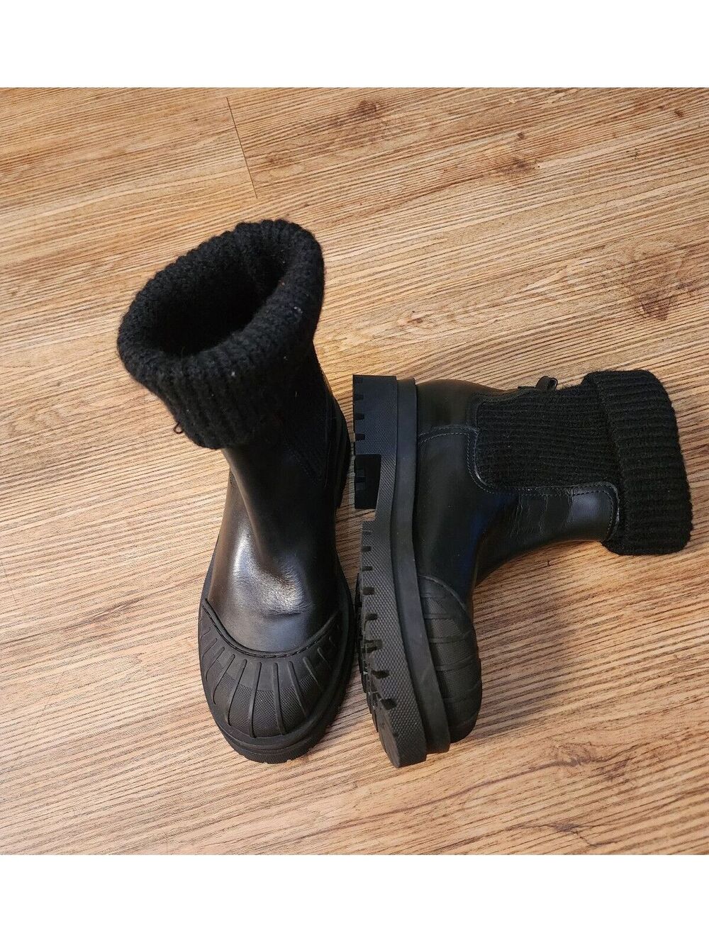 Size 6 SAM EDELMAN  Black Leather and Knit Ankle Boots with Rugged Sole,